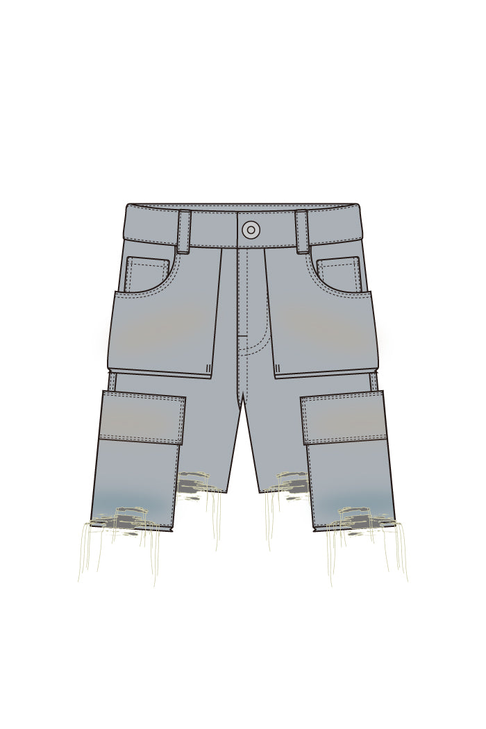 DAMAGE CARGO DENIM SHORTS / IND