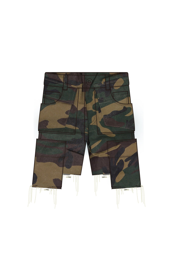 DAMAGE CARGO DENIM SHORTS / CAMO