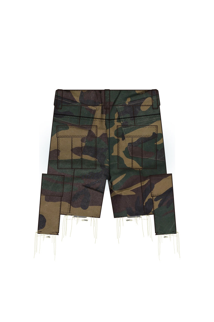 DAMAGE CARGO DENIM SHORTS / CAMO