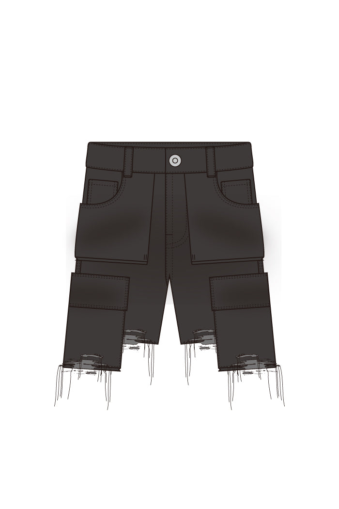 DAMAGE CARGO DENIM SHORTS / BLK